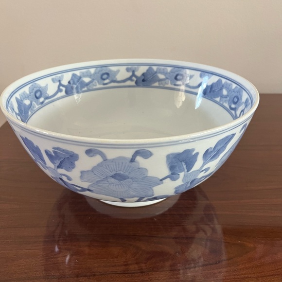 Other - Large Chinese Porcelain Hand Painted Blue And White 12 Inch Lotus Flower Bowl